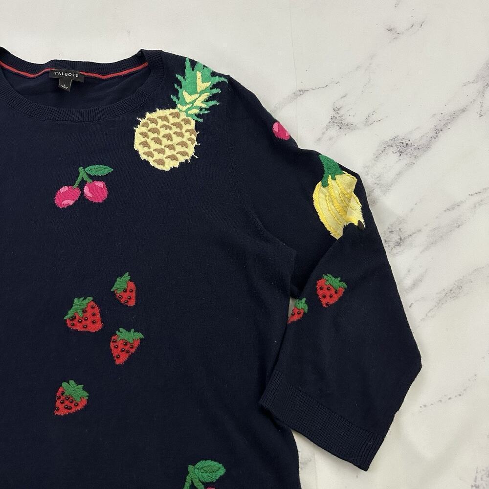 Talbots Fruit Print Knit Pullover Sweater Size L Blue Banana Cherry Strawberry - Picture 3 of 12